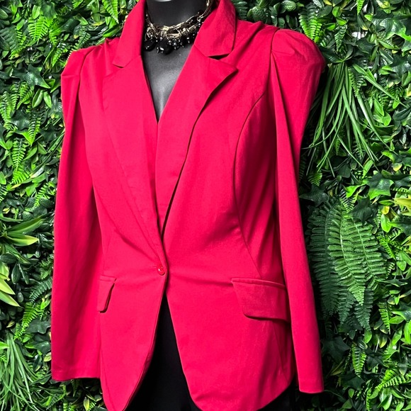 Ashley Stewart Blazer Size 22/24 Red Puff Shoulder Single Button Stretch 3627 - Picture 3 of 6